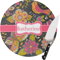 Birds & Butterflies Round Glass Cutting Board - Small (Personalized)
