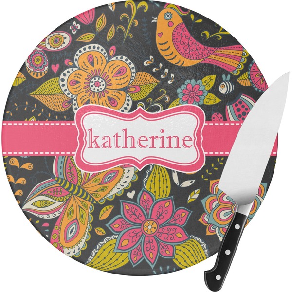 Custom Birds & Butterflies Round Glass Cutting Board - Small (Personalized)