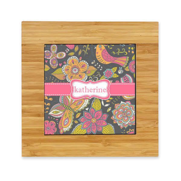 Custom Birds & Butterflies Bamboo Trivet with Ceramic Tile Insert (Personalized)