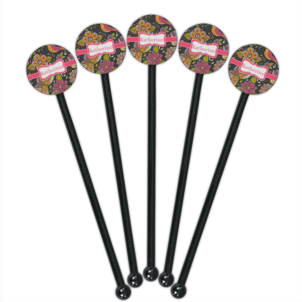Birds & Butterflies Black Plastic 5.5" Stir Stick - Round - Fan View