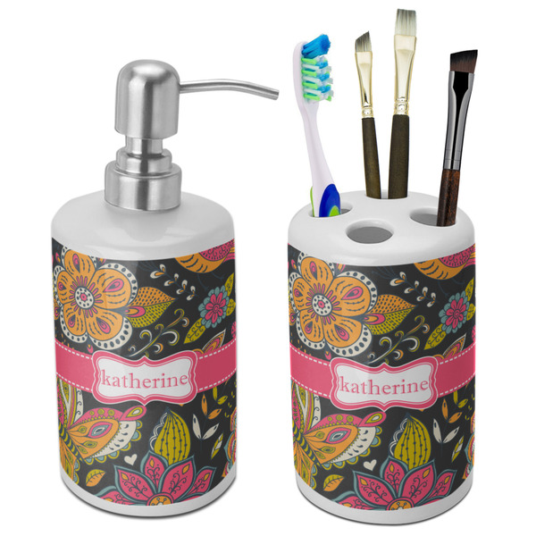 Custom Birds & Butterflies Ceramic Bathroom Accessories Set (Personalized)
