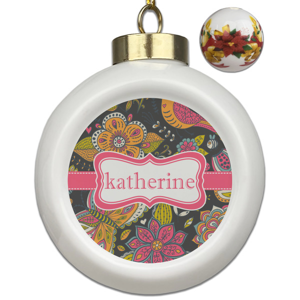 Custom Birds & Butterflies Ceramic Ball Ornaments - Poinsettia Garland (Personalized)