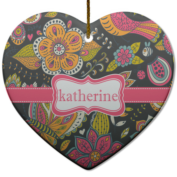Birds & Butterflies Ceramic Flat Ornament - Heart (Front)