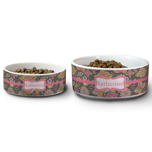Birds & Butterflies Ceramic Dog Bowls - Size Comparison