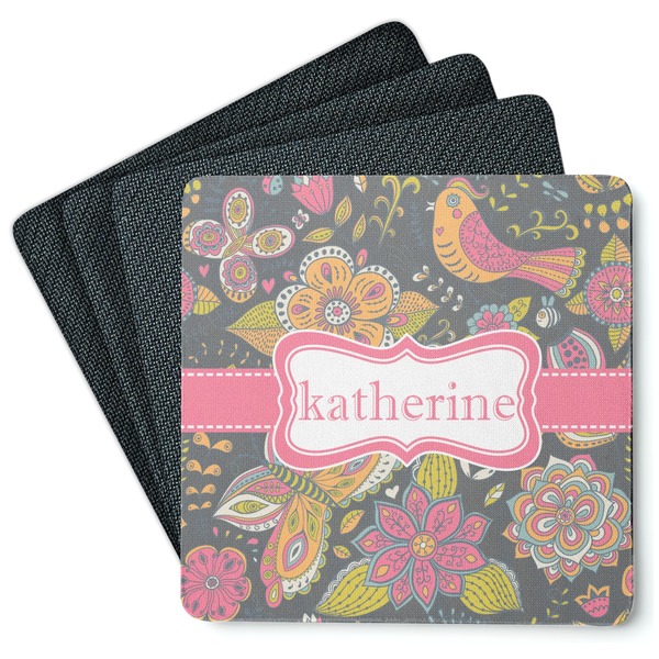 Custom Birds & Butterflies Square Rubber Backed Coasters - Set of 4 (Personalized)