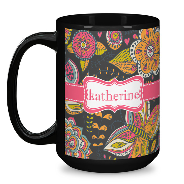 Birds & Butterflies Coffee Mug - 15 oz - Black