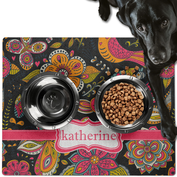 Custom Birds & Butterflies Dog Food Mat - Large w/ Name or Text