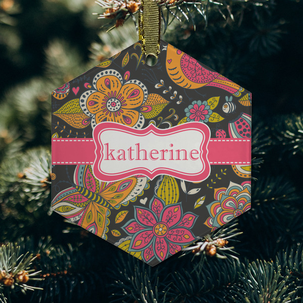 Birds & Butterflies Frosted Glass Ornament - Hexagon (Lifestyle)
