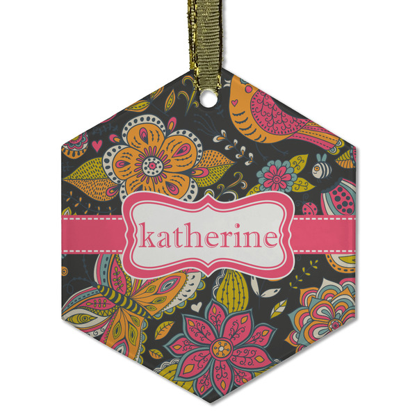 Birds & Butterflies Frosted Glass Ornament - Hexagon