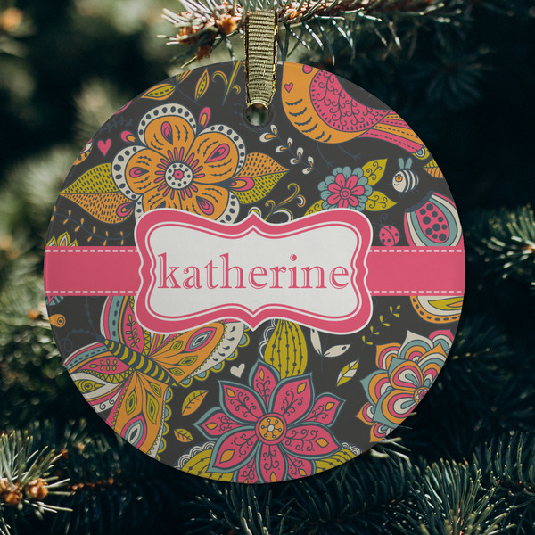 Birds & Butterflies Frosted Glass Ornament - Round (Lifestyle)