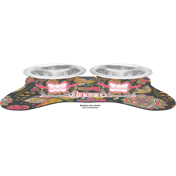Birds & Butterflies Metal Pet Bowls - On Dog Bone Shaped Mat