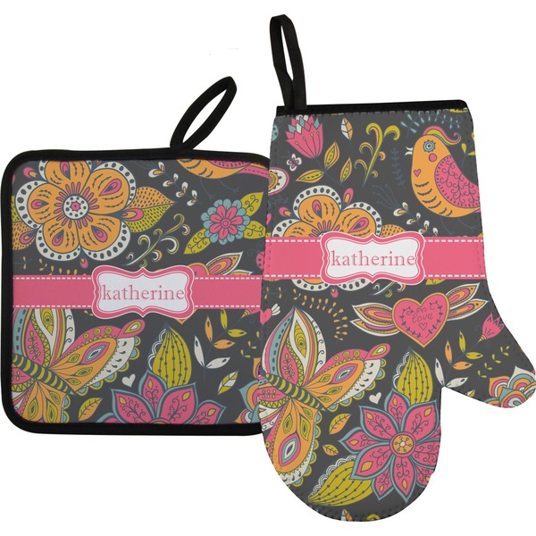 Custom Birds & Butterflies Right Oven Mitt & Pot Holder Set w/ Name or Text