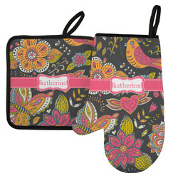 Birds & Butterflies Left Oven Mitt & Pot Holder Set w/ Name or Text
