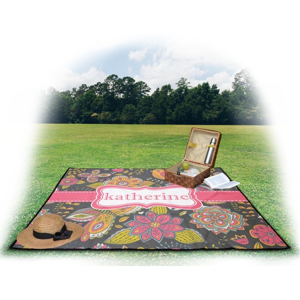 Birds & Butterflies Picnic Blanket - with Basket Hat and Book - in Use