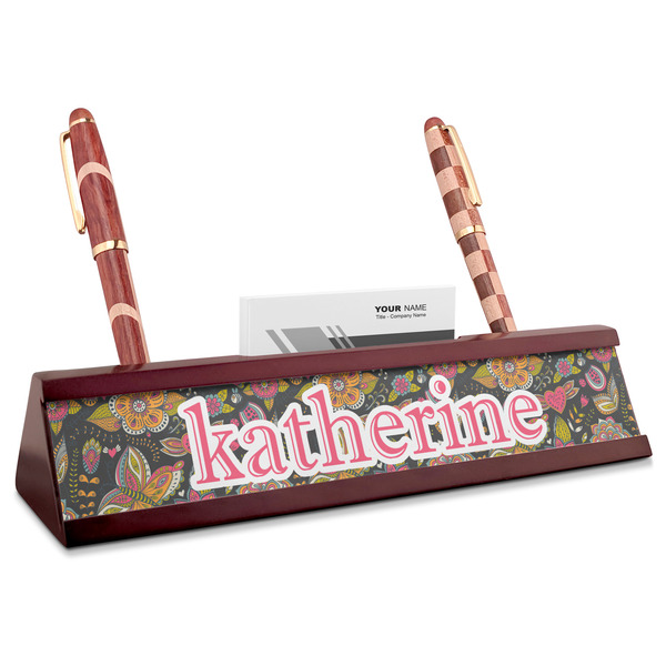 Custom Birds & Butterflies Red Mahogany Nameplate with Business Card Holder (Personalized)