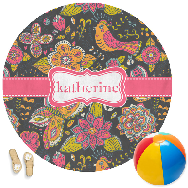 Custom Birds & Butterflies Round Beach Towel (Personalized)