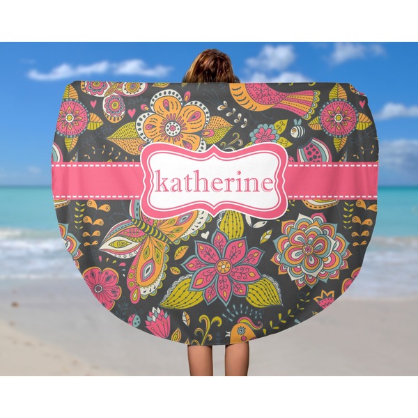Birds & Butterflies Round Beach Towel - In Use