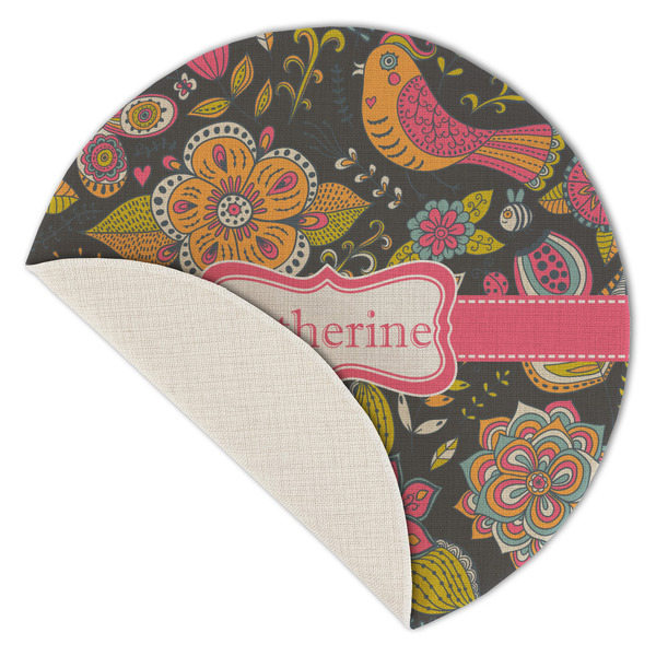 Birds & Butterflies Round Linen Placemats - Front (folded corner single sided)