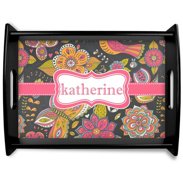 Custom Birds & Butterflies Black Wooden Tray - Large (Personalized)