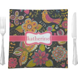 Birds & Butterflies 9.5" Glass Square Lunch / Dinner Plate- Single or Set of 4 (Personalized)