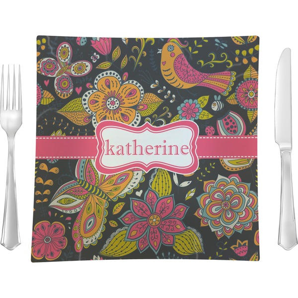 Custom Birds & Butterflies 9.5" Glass Square Lunch / Dinner Plate- Single or Set of 4 (Personalized)