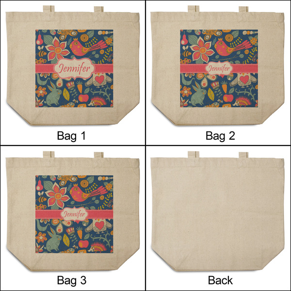 Owl & Hedgehog 3 Reusable Cotton Grocery Bags - Front & Back View