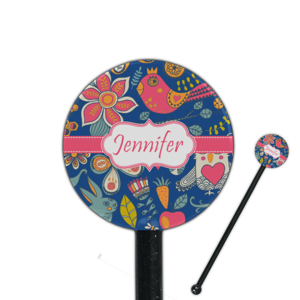 Custom Owl & Hedgehog 5.5" Round Plastic Stir Sticks - Black - Single Sided (Personalized)
