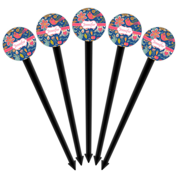 Owl & Hedgehog Black Plastic 6" Food Pick - Round - Fan View