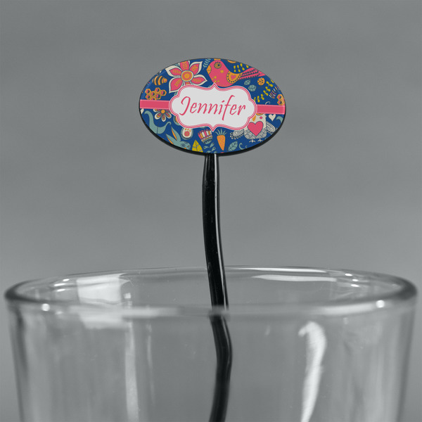 Owl & Hedgehog Black Plastic 7" Stir Stick - Oval - Main