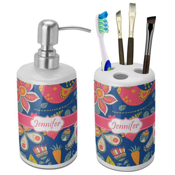 Custom Owl & Hedgehog Ceramic Bathroom Accessories Set (Personalized)