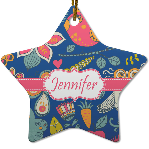 Custom Owl & Hedgehog Star Ceramic Ornament w/ Name or Text