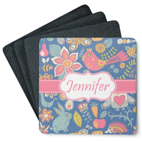 Custom Owl & Hedgehog Square Rubber Backed Coasters - Set of 4 (Personalized)