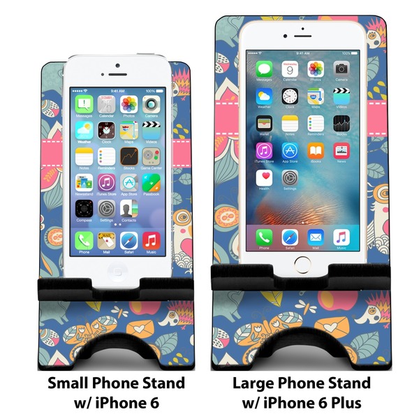 Owl & Hedgehog Compare Phone Stand Sizes - with iPhones