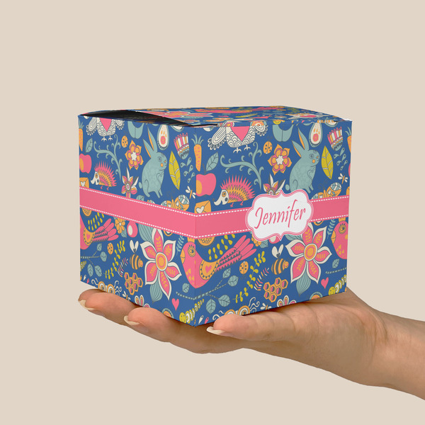 Owl & Hedgehog Cube Favor Gift Box - On Hand - Scale View