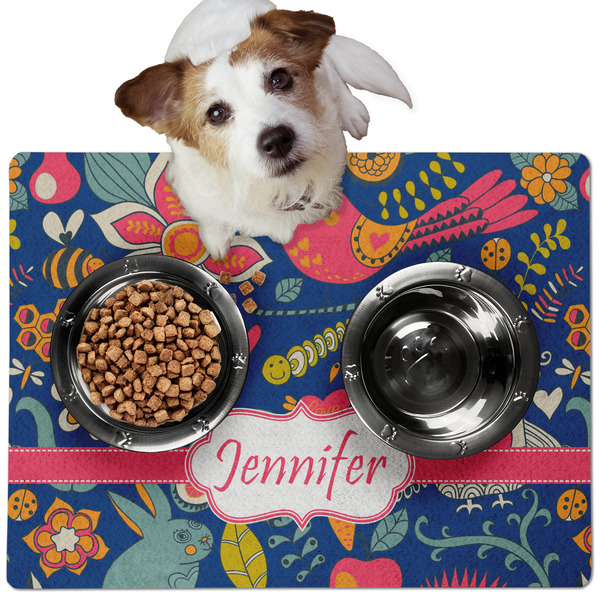 Custom Owl & Hedgehog Dog Food Mat - Medium w/ Name or Text