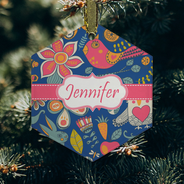 Owl & Hedgehog Frosted Glass Ornament - Hexagon (Lifestyle)