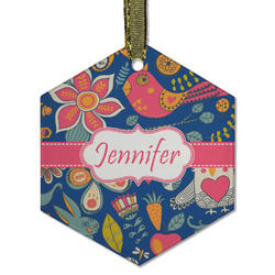 Owl & Hedgehog Flat Glass Ornament - Hexagon w/ Name or Text