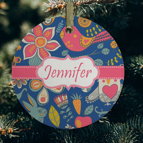 Owl & Hedgehog Frosted Glass Ornament - Round (Lifestyle)