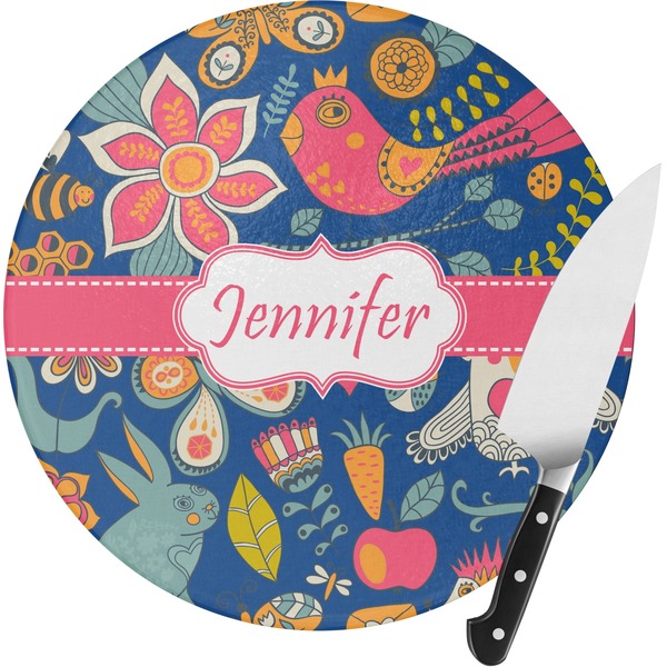 Custom Owl & Hedgehog Round Glass Cutting Board (Personalized)