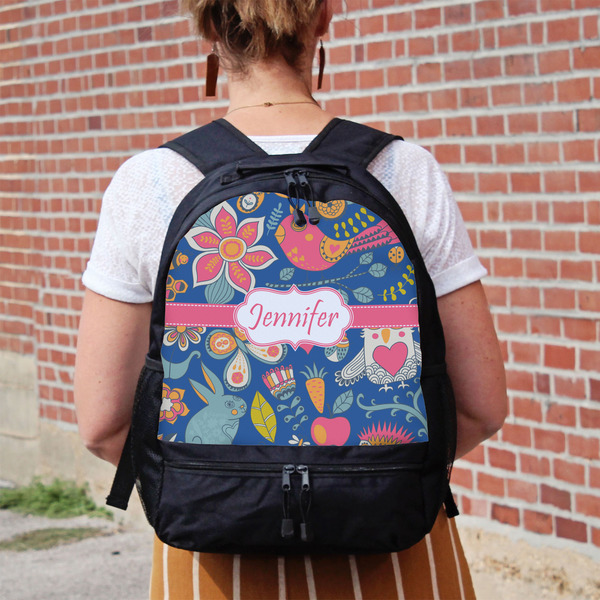 Owl & Hedgehog Large Backpack - Black - On Back