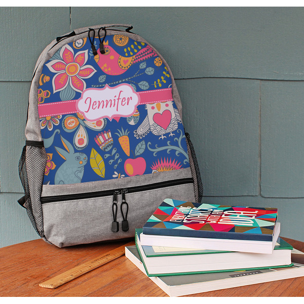 Owl & Hedgehog Large Backpack - Gray - On Desk