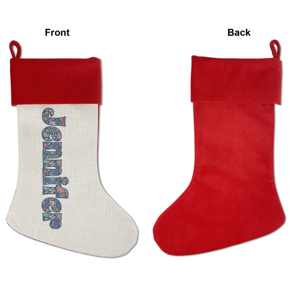 Owl & Hedgehog Linen Stockings w/ Red Cuff - Front & Back (APPROVAL)