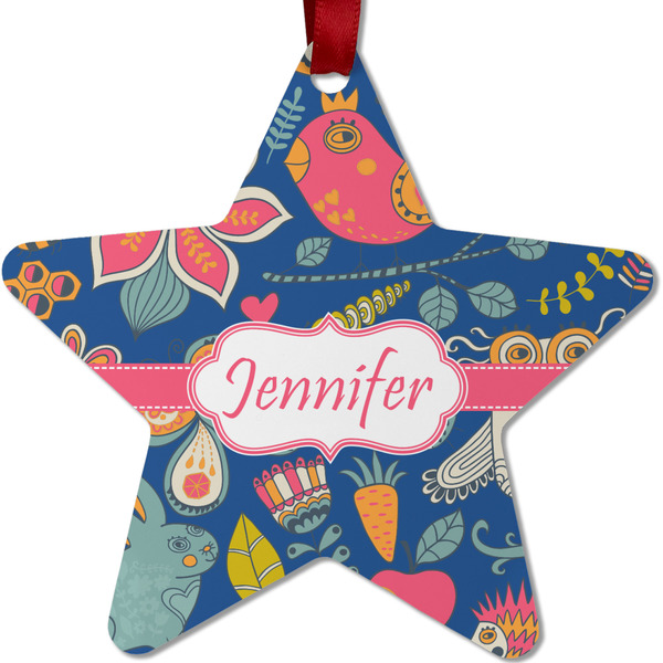 Custom Owl & Hedgehog Metal Star Ornament - Double Sided w/ Name or Text