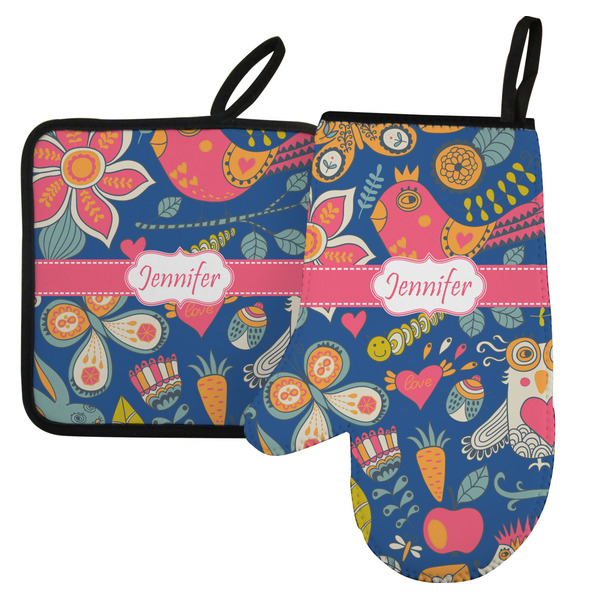 Custom Owl & Hedgehog Left Oven Mitt & Pot Holder Set w/ Name or Text