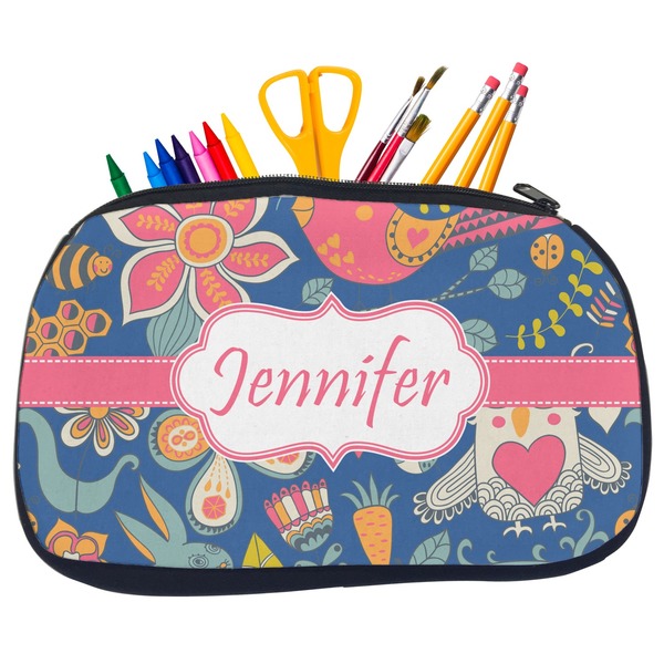 Custom Owl & Hedgehog Neoprene Pencil Case - Medium w/ Name or Text