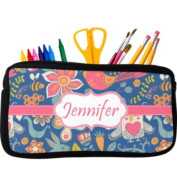 Custom Owl & Hedgehog Neoprene Pencil Case - Small w/ Name or Text