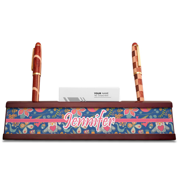 Owl & Hedgehog Red Mahogany Nameplates with Business Card Holder - Straight