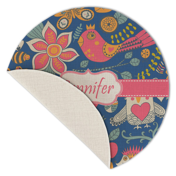 Owl & Hedgehog Round Linen Placemats - Front (folded corner single sided)