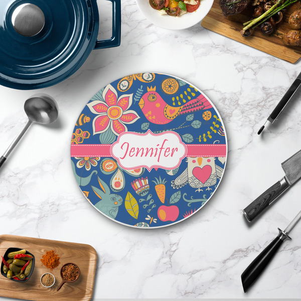 Owl & Hedgehog Round Stone Trivet - In Context View