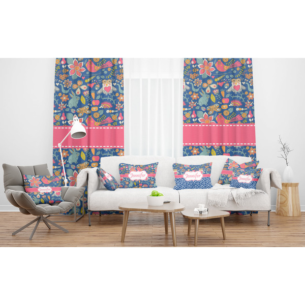 Owl & Hedgehog Sheer and Custom Curtains in Room with Matching Pillows